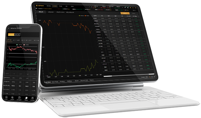 Aetram trading platform displayed across multiple devices showing stock listings and candlestick charts