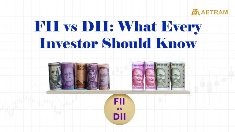 Comparison of FII vs DII represented with global and Indian currency rolls balanced on a scale.