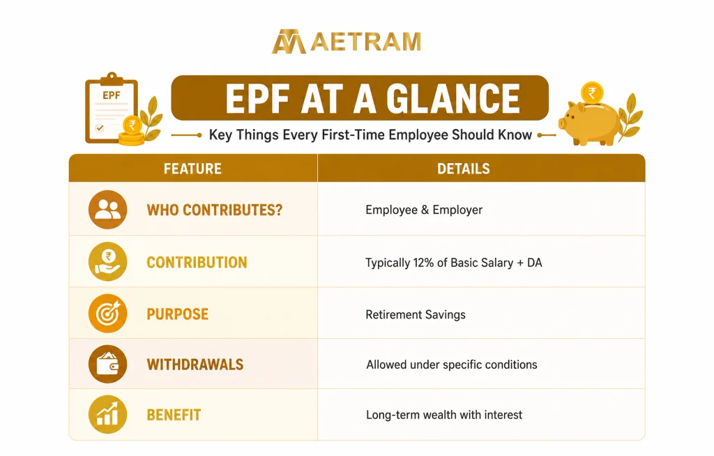 EPF infographic explaining employee provident fund contributions, benefits, withdrawals, and retirement savings for first-time employees