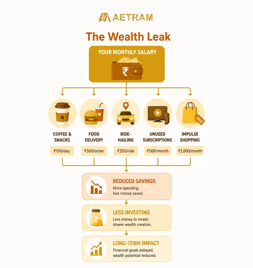 Infographic showing how small daily expenses reduce savings, limit investing and impact long-term wealth creation.
