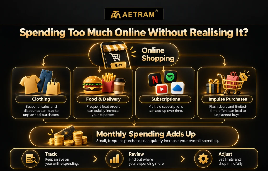 Common sources of online overspending, including clothing, food delivery, subscriptions and impulse purchases, with tips to track, review and control monthly expenses.