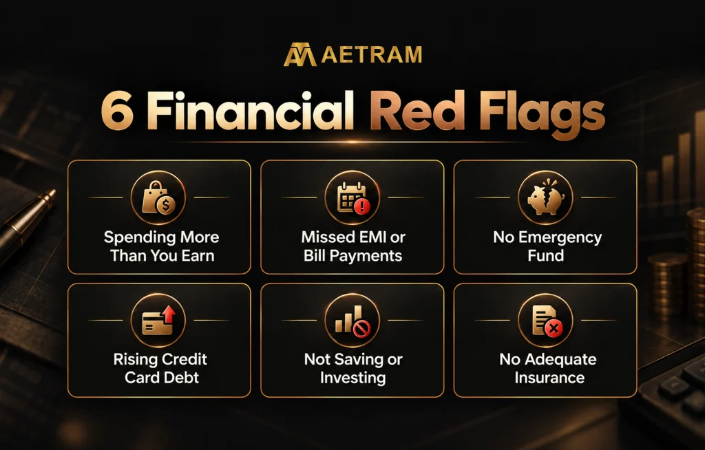 6 financial red flags, including overspending, missed payments, high credit card debt, and inadequate savings or insurance.