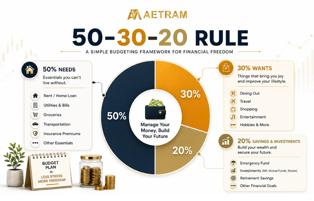 50-30-20 budgeting rule infographic showing how to divide income into needs, wants and savings for better financial planning.