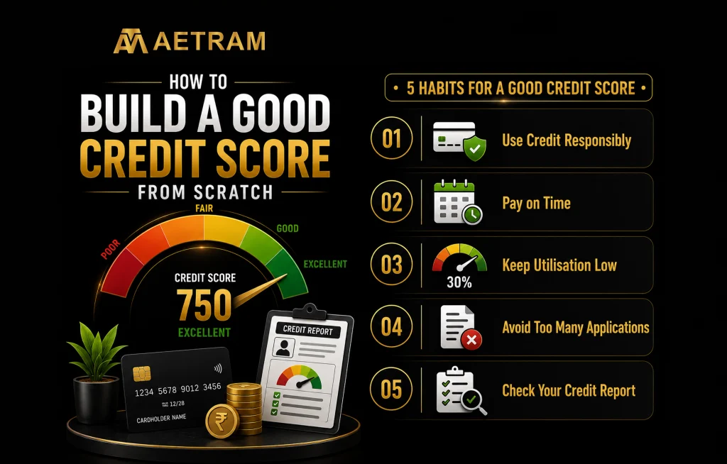 How to build a good credit score from scratch, highlighting responsible credit use, timely payments, low credit utilisation, avoiding too many applications, and checking your credit report.
