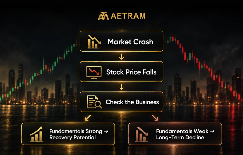 Stock market crash infographic showing how falling stock prices can lead to recovery or long-term decline based on business fundamentals.