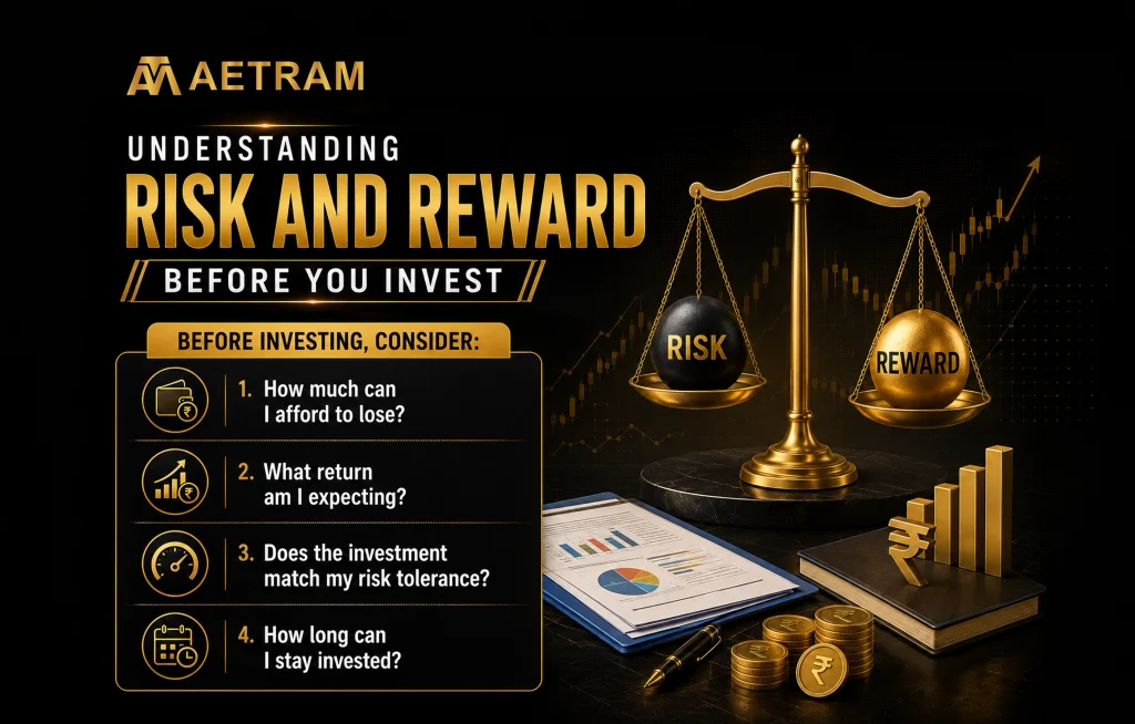 Understanding investment risk and reward, with key questions on affordable loss, expected returns, risk tolerance and investment duration.